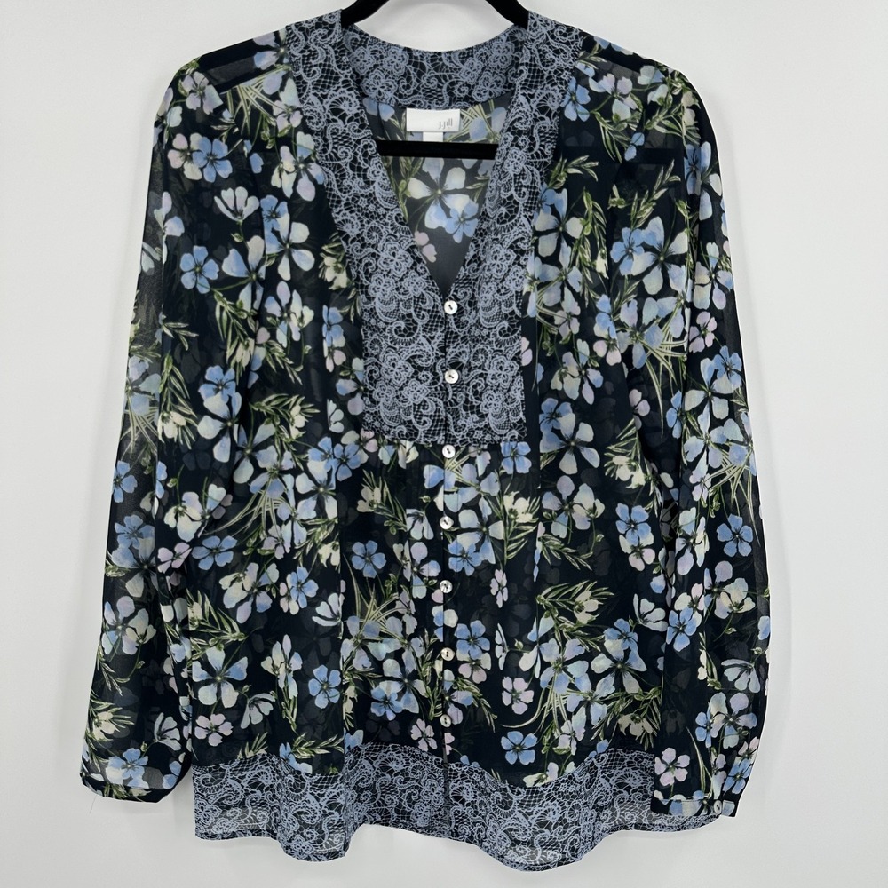 J Jill Blouse Womens Medium Black Blue Floral Sheer Long Sleeve Boho Top‎